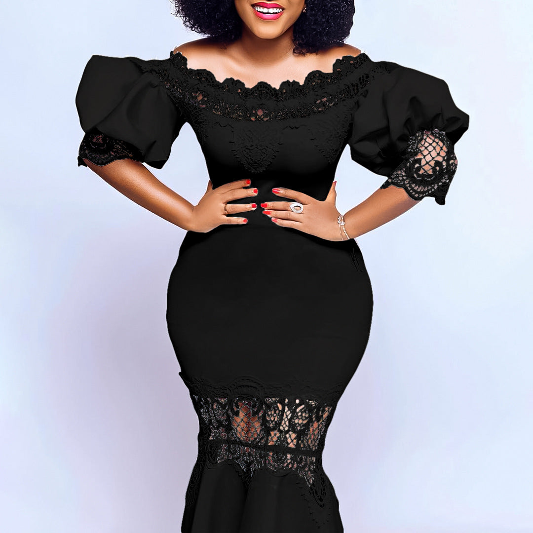 Damen Bodycon Kleid mit Spitzenapplikationen und voluminösen Ärmeln Drune