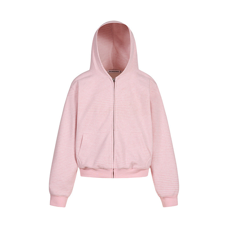 Damen Kurz geschnittene Kapuzen-Sweatjacke mit kurzem Bund, Streifenstruktur und Reißverschluss Drune
