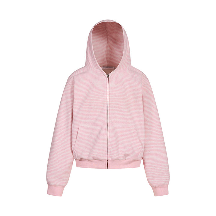 Damen Kurz geschnittene Kapuzen-Sweatjacke mit kurzem Bund, Streifenstruktur und Reißverschluss Drune