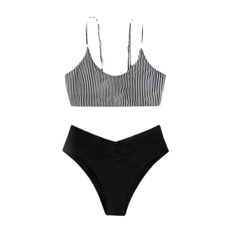 Damen Bikini-Set mit gestreiftem Oberteil und hoch geschnittenem Höschen Drune