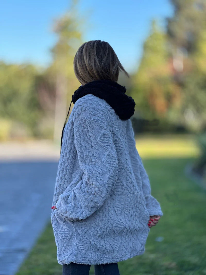 Drune | Lange Weinlese Kapuzen Fell Reißverschluss Gestrickte Jacke