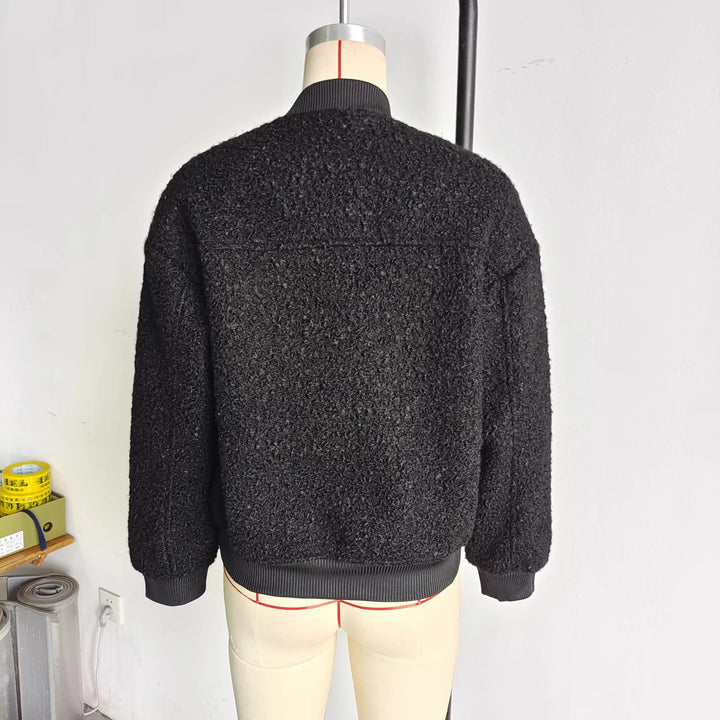 Damen nan kuschelige Teddy-Bomberjacke im College‑Style mit verdeckter Druckknopfleiste und eingearbeiteten Taschen Drune