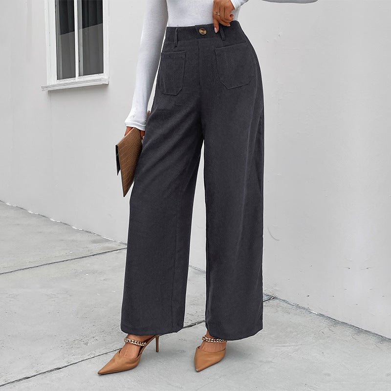 Damen Weite Cordhose mit hoher Taille, aufgesetzten Taschen und weitem Bein Drune
