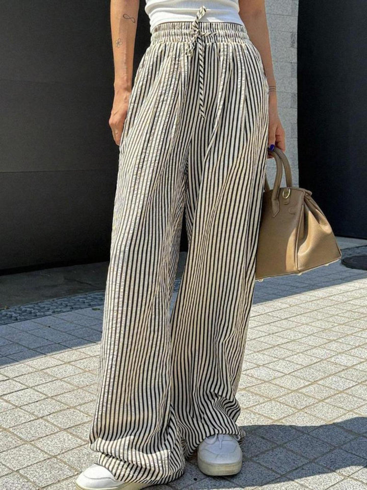 Damen Marlene-Streifenhose aus Leinenmix mit weitem Bein, Elastikbund und Kordelzug Drune