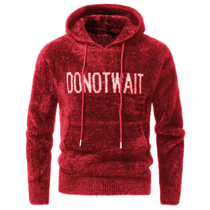 Herren Flauschiger Kapuzenpullover aus Teddy-Fleece mit Statement-Frontprint und Kängurutasche Drune