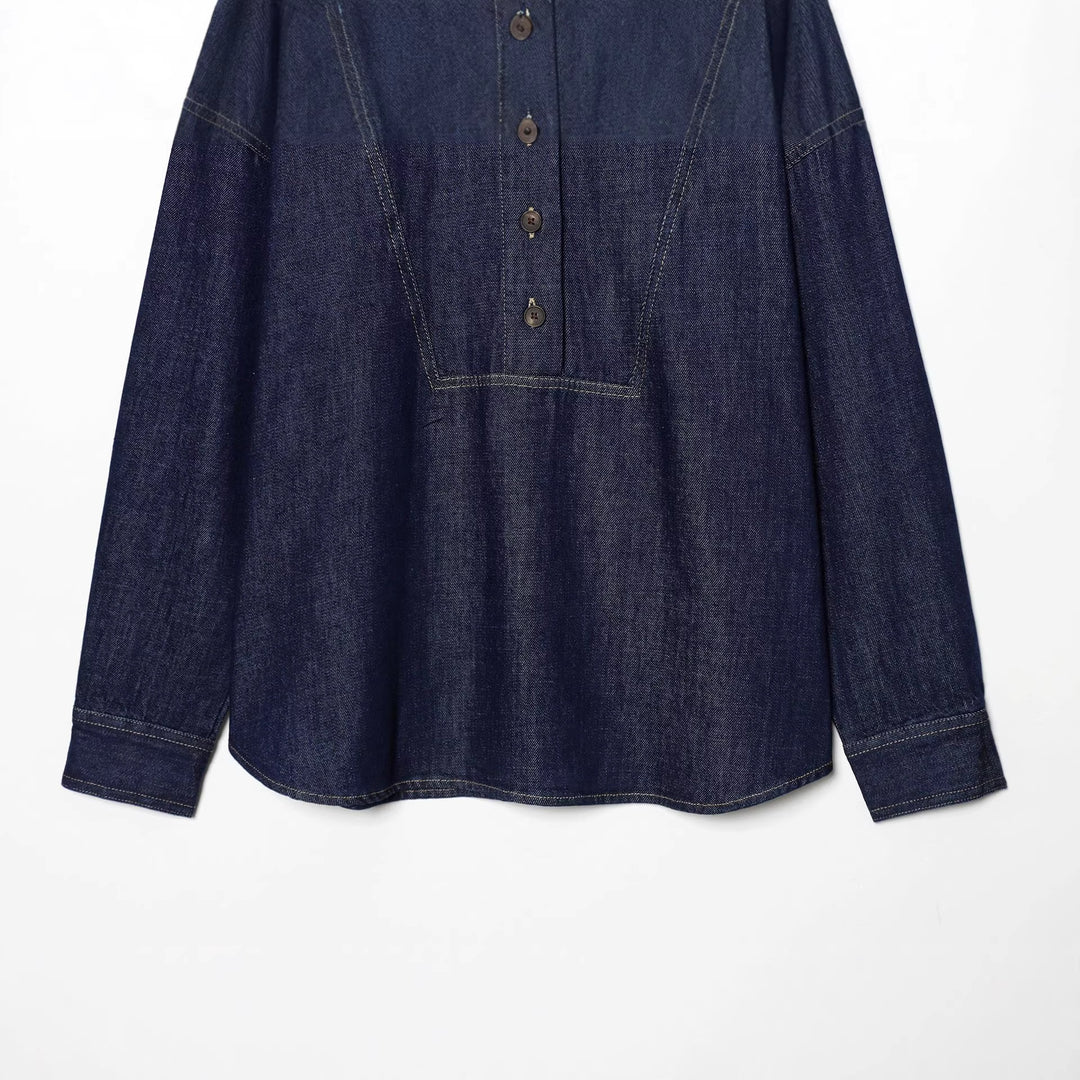 Damen nan Oversize-Denimbluse mit verdeckter Knopfleiste, markanten Teilungsnähten und kastiger Silhouette Drune