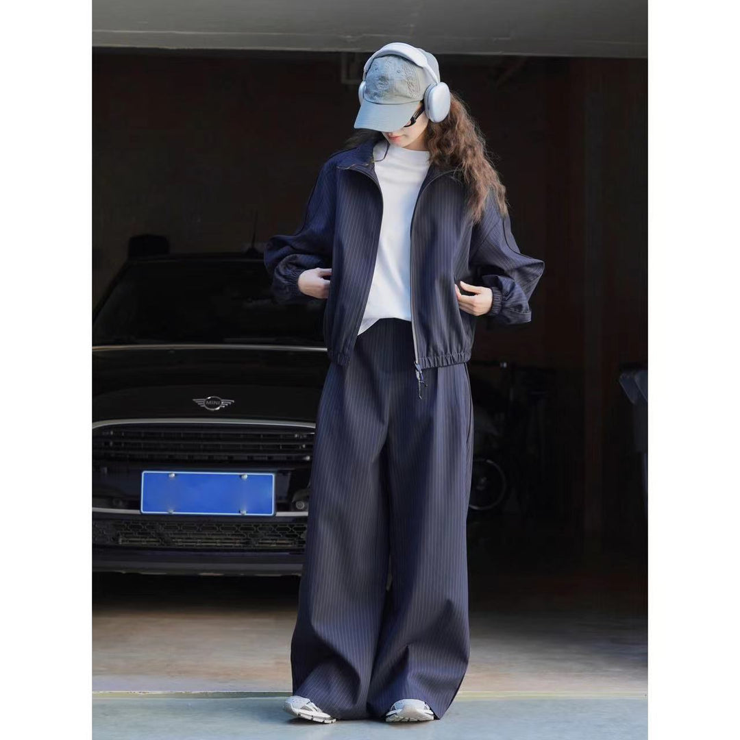 Damen weite Nadelstreifen-Hose mit hohem Bund und weitem Bein Drune