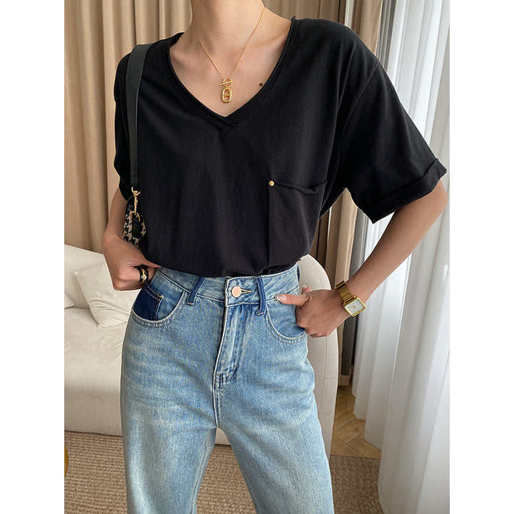Damen lockeres V-Ausschnitt T-Shirt mit Brusttasche und modischem Design Drune