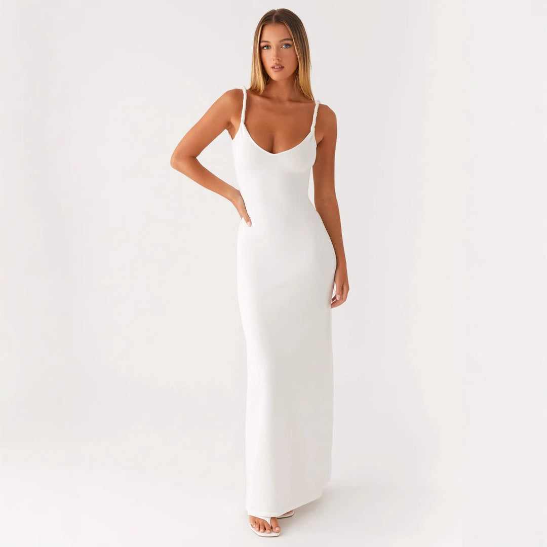 Damen Elegantes Maxirockkleid mit tiefem V-Ausschnitt und feinen Trägern Drune