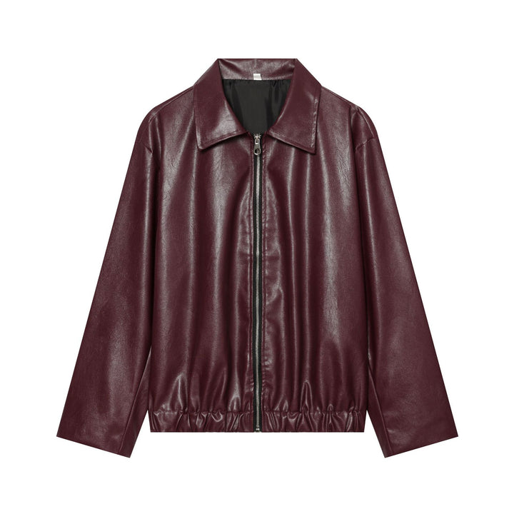 Damen Cropped Kunstleder-Bomberjacke mit Hemdkragen und elastischem Saum Drune