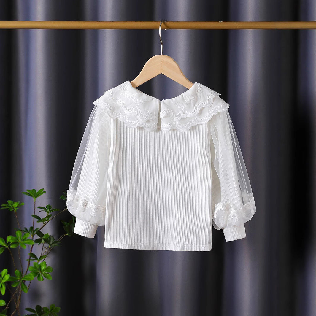 Mädchen modische Bluse mit elegantem Spitzenkragen und Tüllärmeln Drune