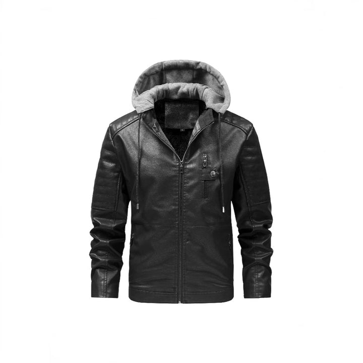 Herren Stilvolle Kunstlederjacke mit Kapuze Drune