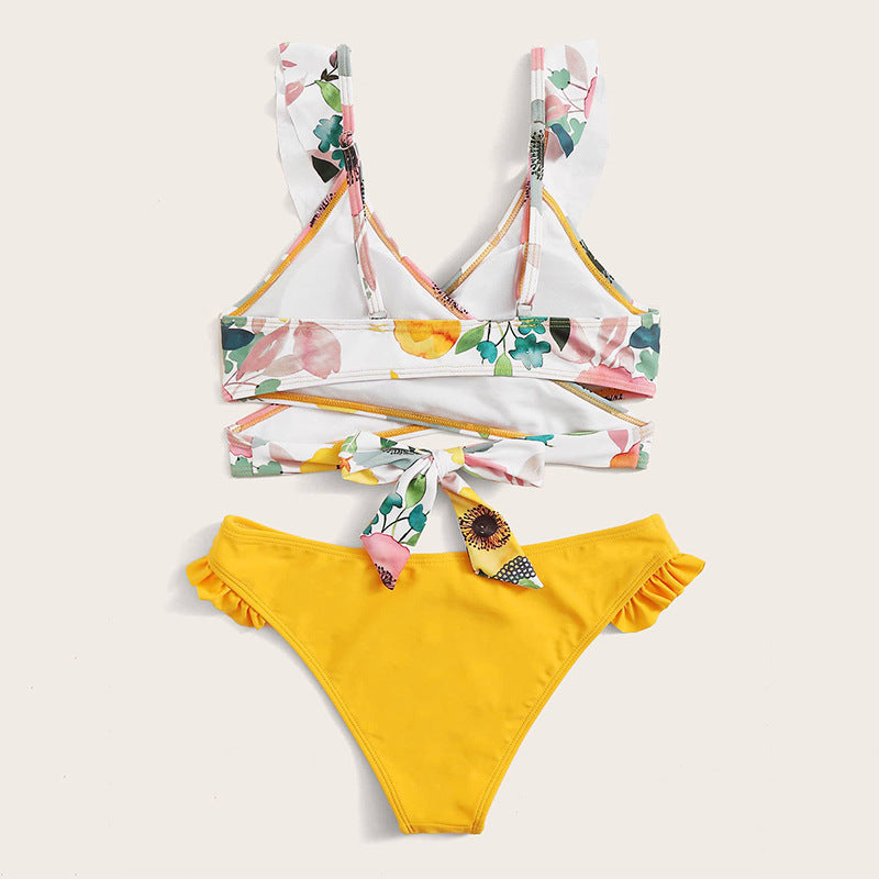 Damen Zweiteiliges Blumen-Bikini-Set mit tailliertem Oberteil und Rüschenslip Drune