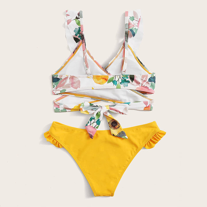 Damen Zweiteiliges Blumen-Bikini-Set mit tailliertem Oberteil und Rüschenslip Drune