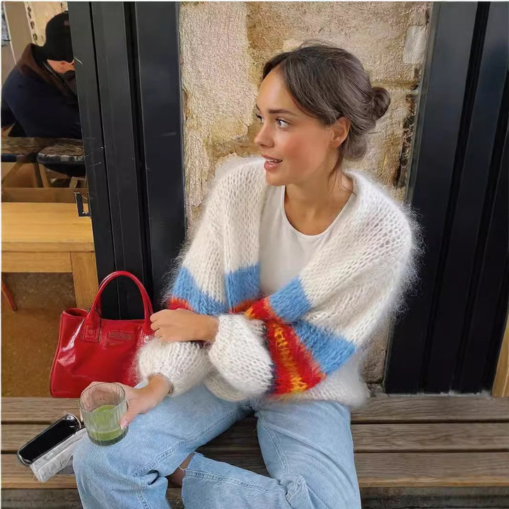 Damen lässiger Strickcardigan mit bunten Streifen und weitem Schnitt Drune