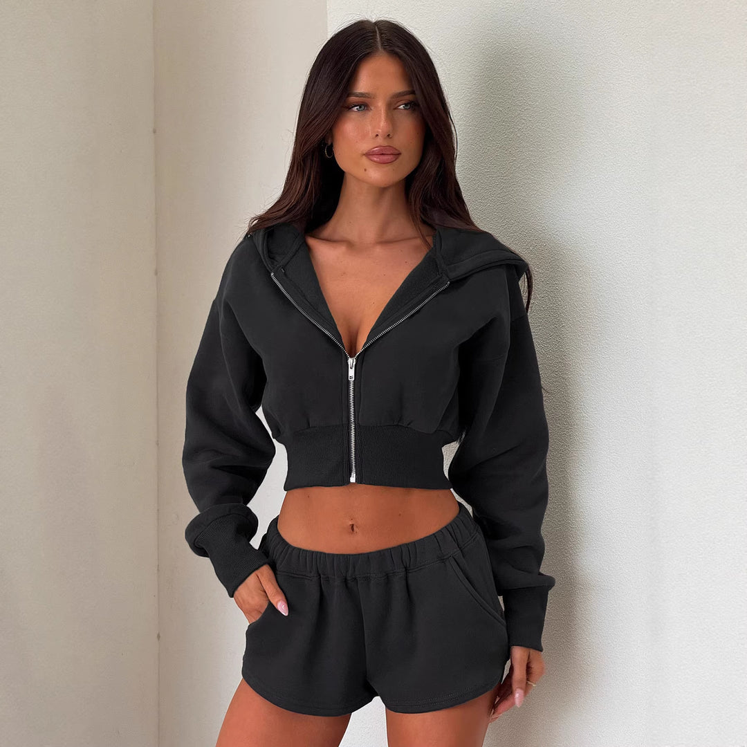 Damen Kurzes Kapuzen-Sweatset mit Reißverschluss, tailliertem Cropped-Hoodie und hochgeschnittenen Relax-Shorts Drune