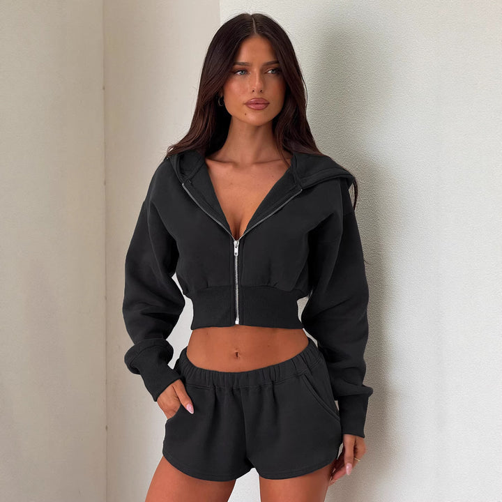 Damen Kurzes Kapuzen-Sweatset mit Reißverschluss, tailliertem Cropped-Hoodie und hochgeschnittenen Relax-Shorts Drune