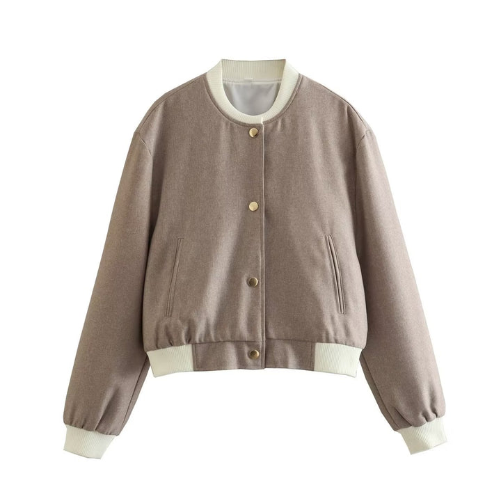 Damen nan cropped College-Bomber mit kontrastbündchen, verdeckter Druckknopfleiste und Leistentaschen Drune