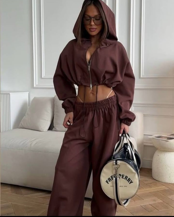 Damen nan kurzes Reißverschluss-Cropped-Hoodie und weitgeschnittene Highwaist-Loungehose Set Drune