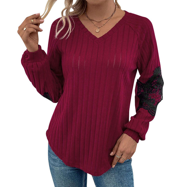Damen Leichter Rippstrick-Pullover mit V-Ausschnitt und floraler Spitzenapplikation an den Ärmeln Drune