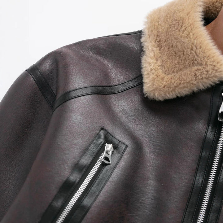 Damen nan cropped Aviatorjacke mit Bundgürtel, sichtbarer Metallreißverschluss und Teddyfutter Drune