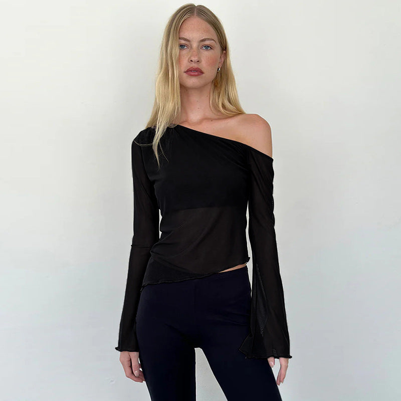 Damen asymmetrisches Langarmshirt mit transparenten Ärmeln und figurbetonter Silhouette Drune