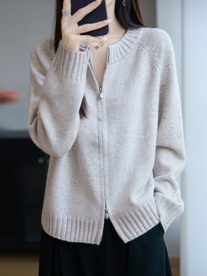 Damen Zip-Strickjacke mit Rundhalsausschnitt, feinem Nep‑Garn und gerippten Abschlüssen Drune