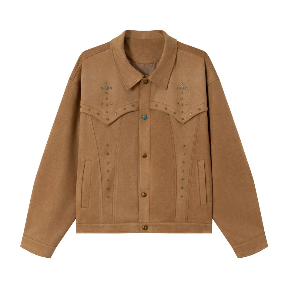 Damen Kurz geschnittene Wildleder‑Optik Blousonjacke mit Western‑Yoke und Nietenapplikation Drune