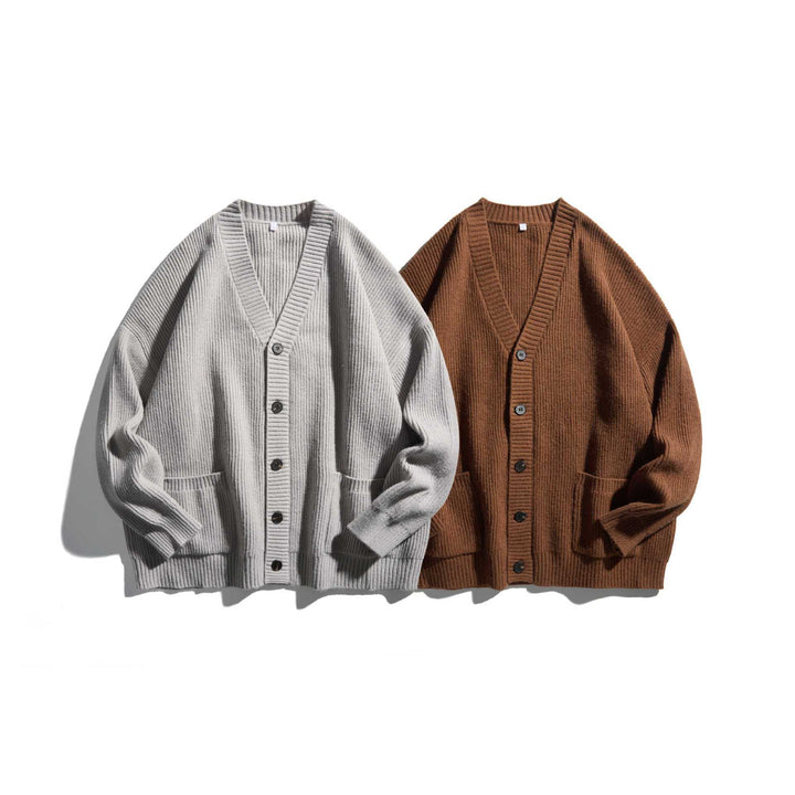 Damen Oversize Rippenstrick-Cardigan mit V‑Ausschnitt und aufgesetzten Taschen Drune