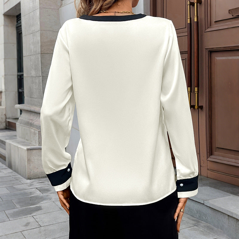 Damen Elegante Seidenoptik-Bluse mit kontrastiertem V-Ausschnitt und Perlenknopfleiste Drune