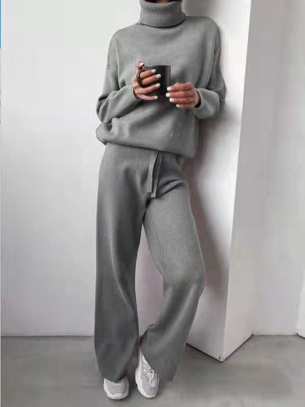 Damen kuscheliges Strick-Loungewear-Set mit weiten Hosen und elegantem Rundhalsausschnitt Drune