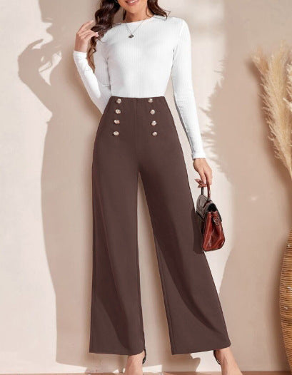Damen Hochwaisted Weite Hose mit dekorativen Knöpfen Drune