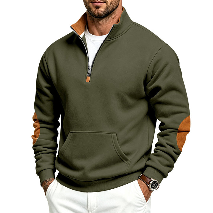 Herren Sweatshirt mit halbem Reißverschluss, Stehkragen und Ellenbogen-Patches Drune