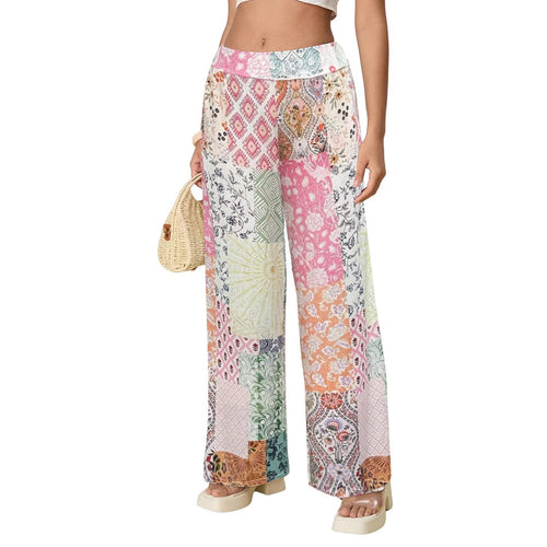 Damen Komfortable weite Stoffhose mit buntem Patchwork-Muster Drune