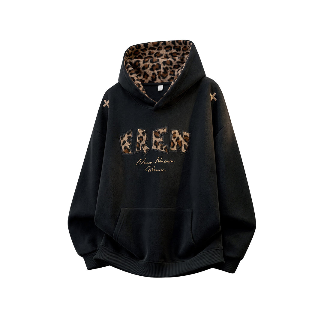 Damen Oversize-Kapuzenpullover mit gefütterter Leopardenkapuze und Applikationsschrift Drune