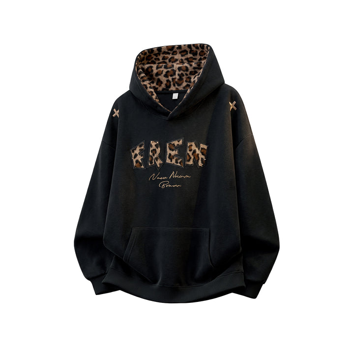 Damen Oversize-Kapuzenpullover mit gefütterter Leopardenkapuze und Applikationsschrift Drune