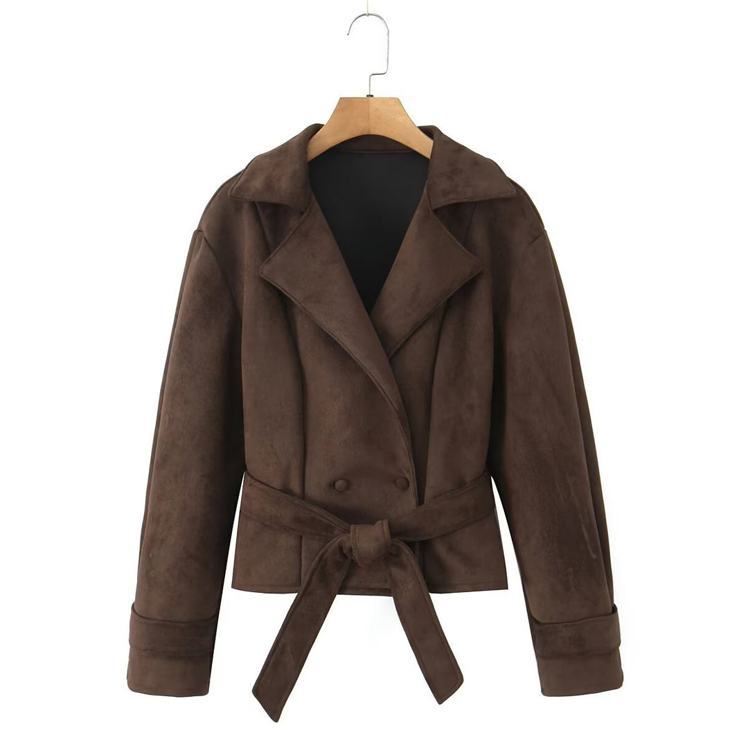 Damen Kurze Wildlederoptik-Jacke mit Taillengürtel und Reverskragen Drune