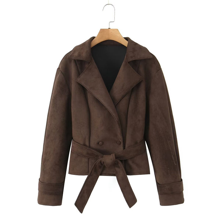 Damen Kurze Wildlederoptik-Jacke mit Taillengürtel und Reverskragen Drune