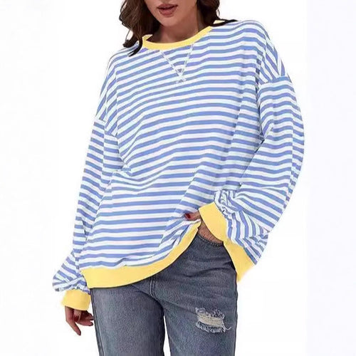 Damen Lässiges Oversize-Streifen-Sweatshirt mit Raglanärmeln und Kontrastbündchen Drune