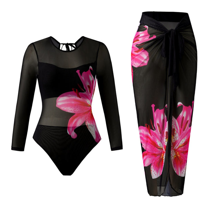 Damen Eleganter Badeanzug mit langem Arm und transparente Wickelrock Drune