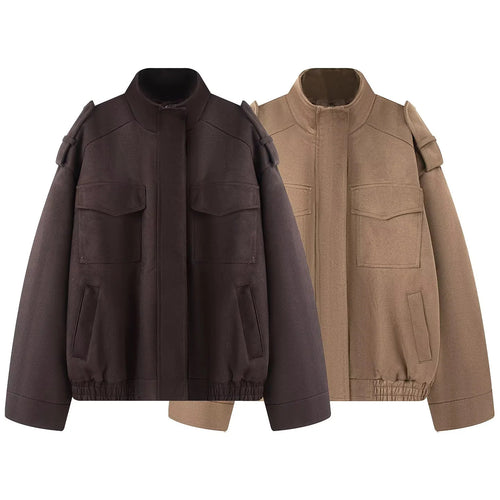 Damen nan kastiger Wollmix-Bomber mit Schulterklappen, Pattentaschen und elastischem Saum Drune