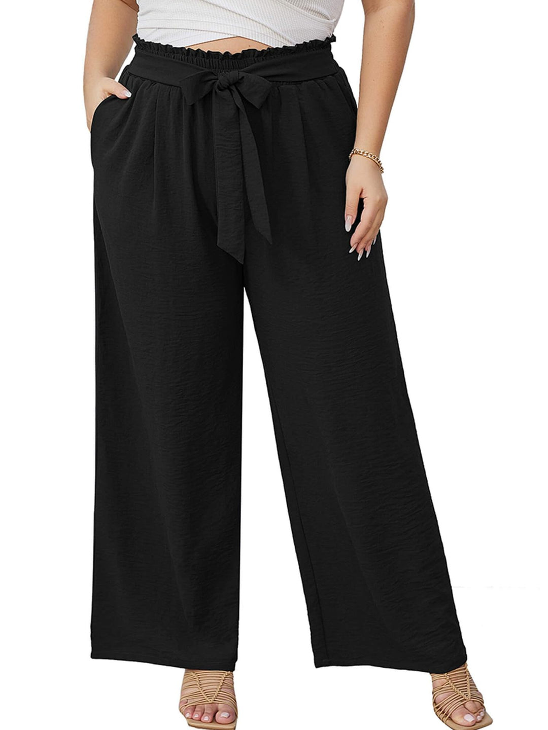 Damen Paperbag-Hose mit weitem Bein, Gummizug, Bindegürtel und Eingrifftaschen Drune