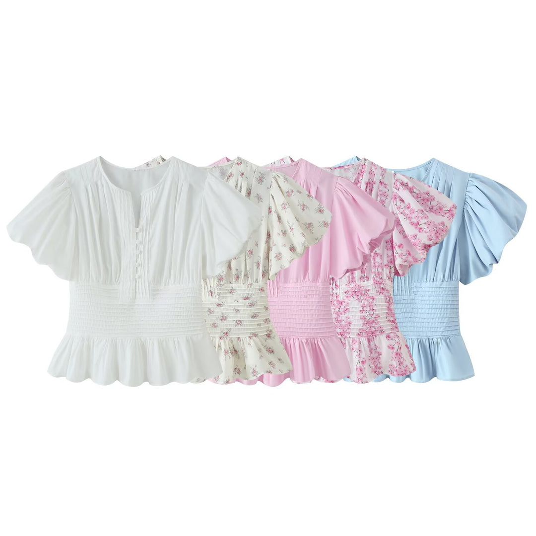 Damen Romantische Bluse mit Puffärmeln, Kellerfalten‑Blende und gesmokter Taille Drune