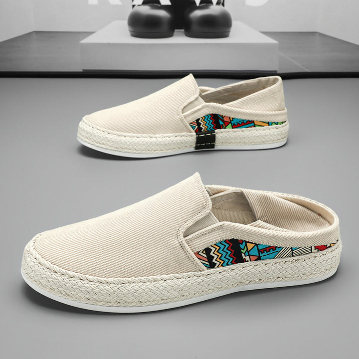 Damen Espadrille-Slipper aus Canvas mit geflochtener Jute-Sohle und farbigem Ethno-Detail Drune