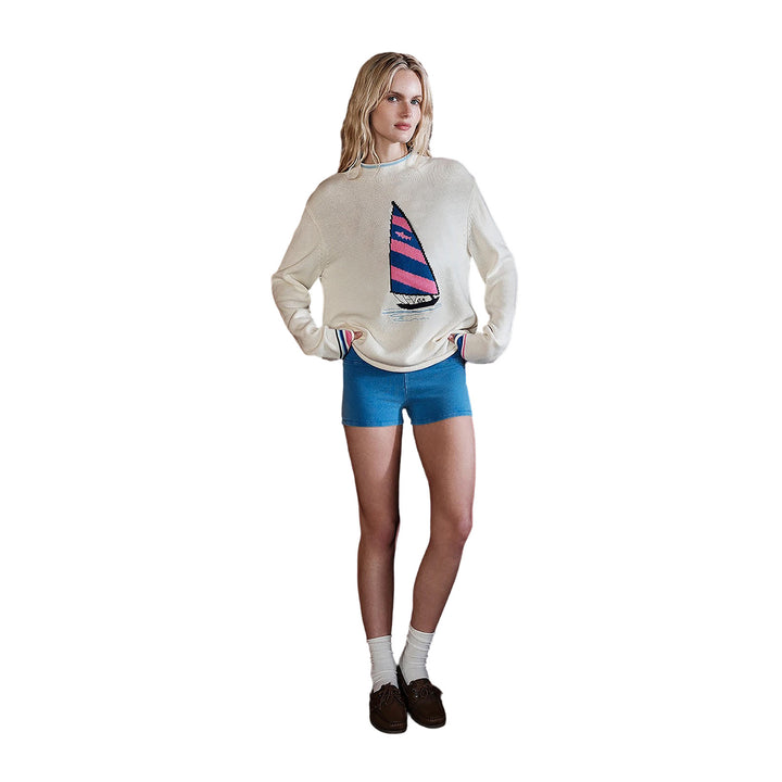 Damen Oversize Strickpullover mit Segelboot-Intarsie Drune