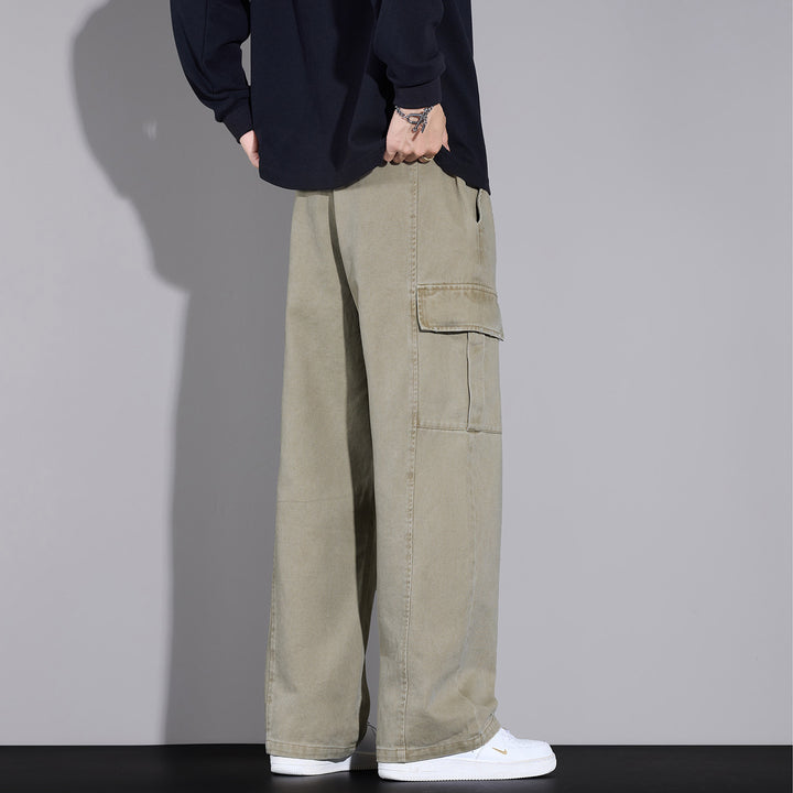 Herren Weite Cargo-Hose aus gewaschener Baumwolle mit Tunnelzug und Multifachtaschen Drune