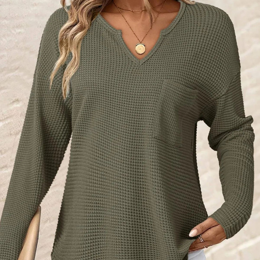 Damen Waffelstrick-Longsleeve mit V-Notch, Brusttasche und legerer Oversize-Passform Drune