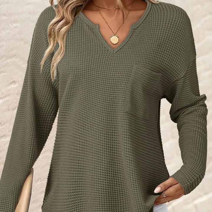 Damen Waffelstrick-Longsleeve mit V-Notch, Brusttasche und legerer Oversize-Passform Drune