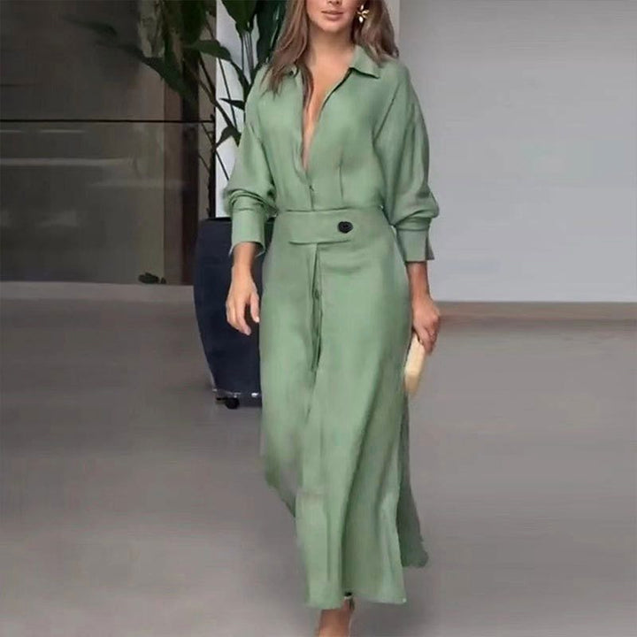 Damen stilvolles Maxikleid mit Hemdkragen und seitlichen Schlitzdetails Drune