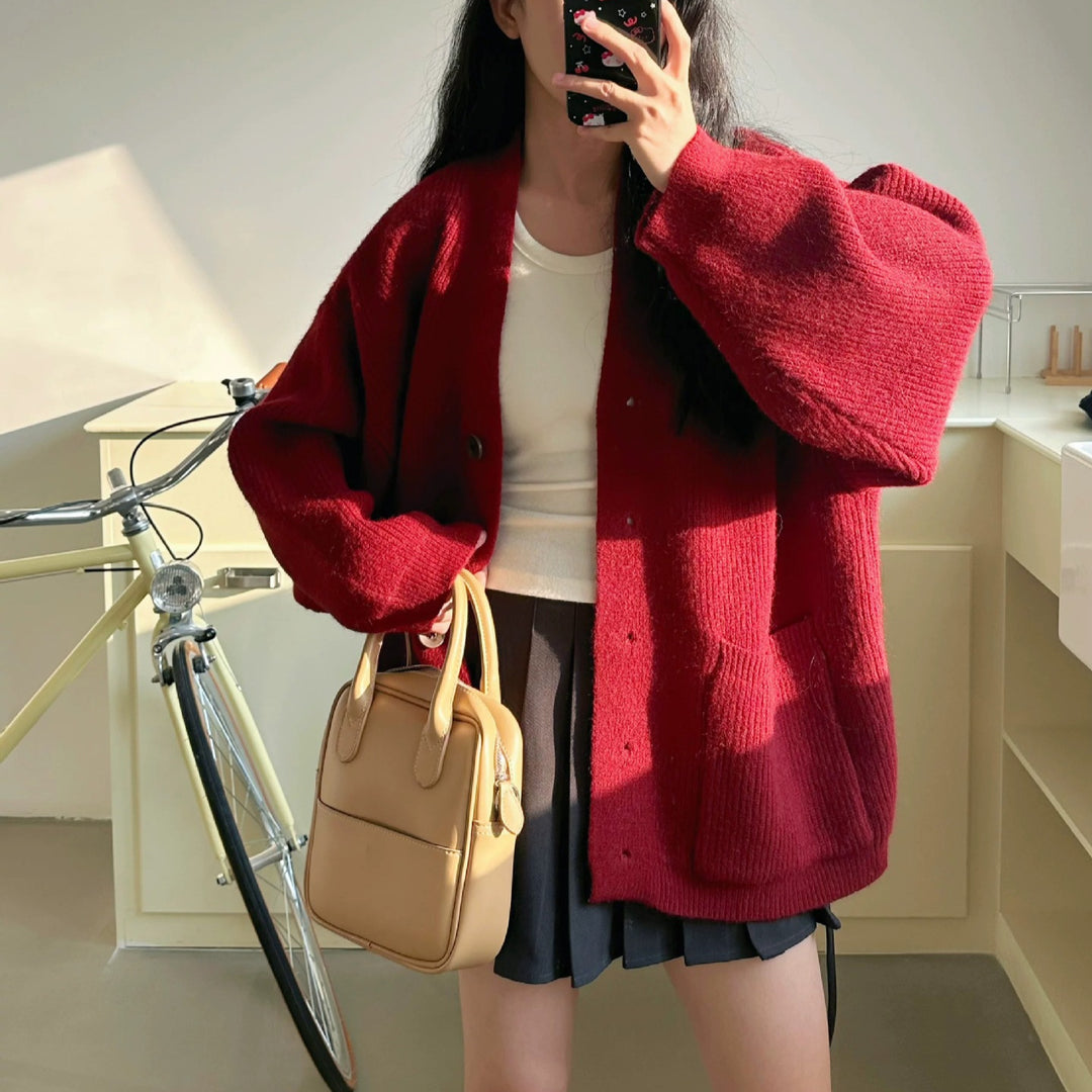 Damen Kuschelige Strickjacke mit großen Taschen und Knopfdetails Drune